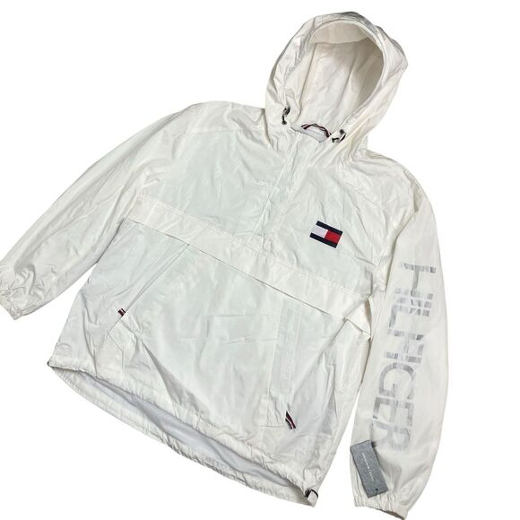 Tommy Hilfiger Windbreaker L White Spellout Hooded Half Zip Jacket Nylon - Picture 2 of 13